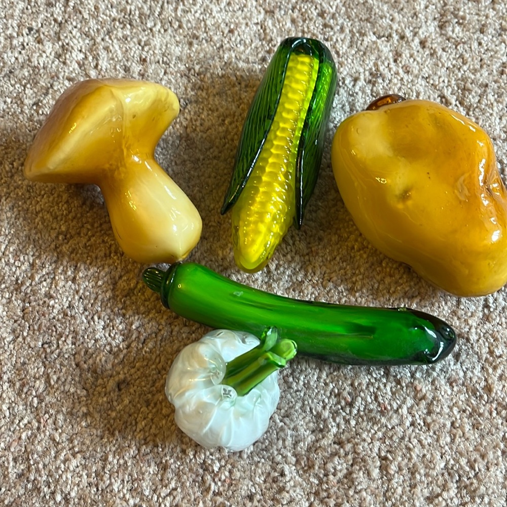 Hand Blown Glass Vegetables with corn, potato, zucchini, garlic and mushroom.